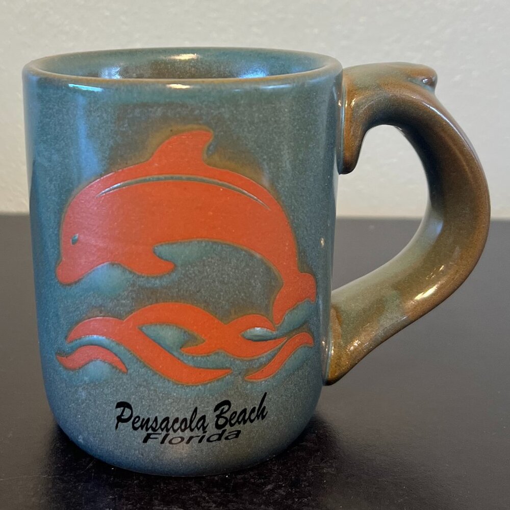 Vtg Pensacola Beach, Florida DOLPHIN Souvenir Stoneware Pottery Mug ~ agiftcorp